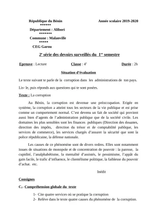 Première page de Français 4e — 2e devoir surveillé, 1er semestre (2019-2020) · CEG GAROU