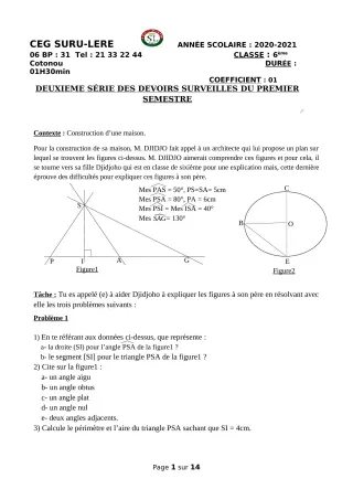 Première page de Mathématiques 6e, 5e, 3e, 3e ML, 2nde A2, 2nde B, 2nde C, 2nde D, 1ère A, 1ère B, 1ère C, 1ère D, Tle A1, Tle A2, Tle B, Tle C, Tle D — 2e devoir surveillé, 1er semestre (2020-2021) · CEG SURU-LERE