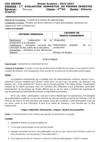Première page de Philosophie 2nde A2 — 1re évaluation sommative, 1er semestre (2022-2023) · CEG SEKERE