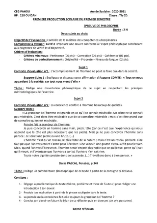 Première page de Philosophie Tle C, Tle D — 1re production scolaire, 1er semestre (2020-2021) · CEG PAHOU
