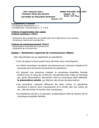 Première page de SVT 5e — 1er devoir surveillé, 2e semestre (2021-2022) · CEG2 ABOMEY - CALAVI (CEG ZOCA)