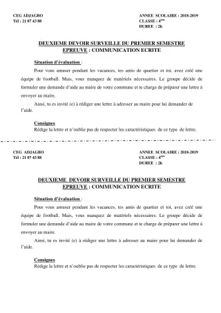 Première page de Français 4e, 4e ML — 2e devoir surveillé, 1er semestre (2018-2019) · CEG ADJAGBO