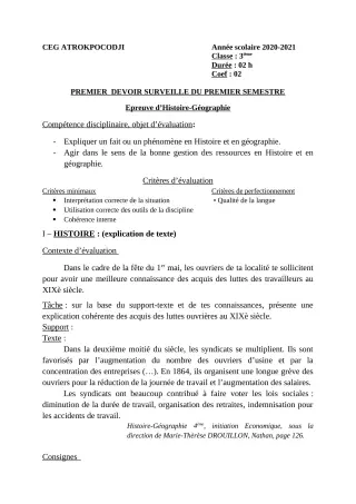 Première page de Histoire-Géographie 3e ML — 1er devoir surveillé, 1er semestre (2020-2021) · CEG ATROKPOCODJI
