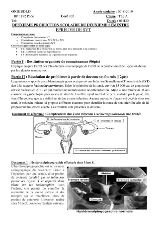 Première page de SVT Tle A2 — 2e production scolaire, 2e semestre (2018-2019) · CEG ONIGBOLO
