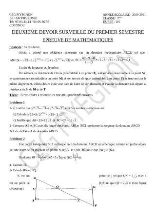 Première page de Mathématiques 3e, 3e ML — 2e devoir surveillé, 1er semestre (2020-2021) · CEG FIYEGNON