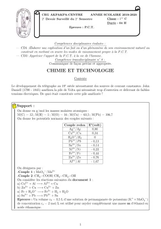 Première page de PCT 1ère A1, 1ère C — 2e devoir surveillé, 2e semestre (2019-2020) · CEG 1 Akpakpa-Centre