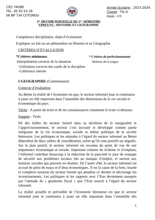 Première page de Histoire-Géographie Tle A2 — 1er devoir surveillé, 1er semestre (2023-2024) · CEG Yagbe