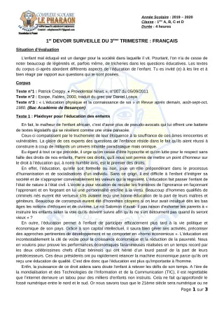 Première page de Français 1ère A, 1ère B, 1ère C, 1ère D — 1er devoir surveillé, 3e trimestre (2019-2020) · CPEG LE PHARAON