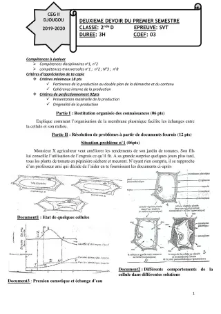 Première page de SVT 2nde D — 2e devoir surveillé, 1er semestre (2019-2020) · CEG 2 Djougou