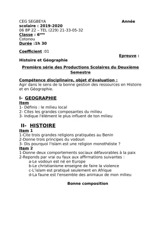 Première page de Histoire-Géographie 6e — 1re production scolaire, 2e semestre (2019-2020) · CEG SEGBEYA
