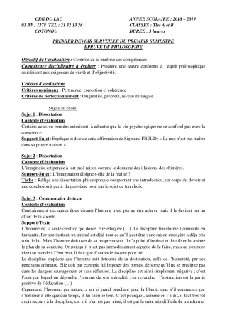 Première page de Philosophie 1ère A2, 1ère B — 1er devoir surveillé (2018-2019) · CEG du Lac