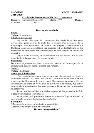 Première page de Français 4e, 4e ML, 4e ML&MC — 1er devoir surveillé, 2e semestre (2019-2020) · CEG MAGOUMI