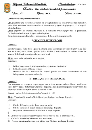 Première page de PCT 6e — 2e devoir surveillé, 1er semestre (2019-2020) · PMB