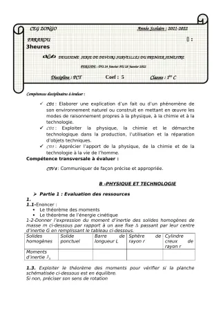 Première page de PCT 1ère C — 2e devoir surveillé, 1er semestre (2021-2022) · CEG ZONGO