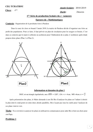 Première page de Mathématiques 4e, 4e ML — 1re production scolaire, 1er semestre (2018-2019) · CEG Tchatchou