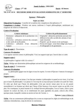 Première page de Philosophie 2nde A1, 2nde A2 — Évaluation sommative, 1er semestre (2018-2019) · CEG Sô-Ava