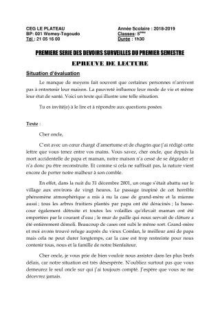 Première page de Français 5e — 1er devoir surveillé, 1er semestre (2018-2019) · CEG Le Plateau