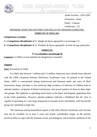Première page de Anglais 3e ML — 1er devoir surveillé, 1er semestre (2019-2020) · CEG ADJOVICODJI 'LES OLIVIERS'