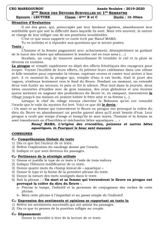 Première page de Français 6e — Devoir surveillé, 1er semestre (2019-2020) · CEG MAREGOUROU