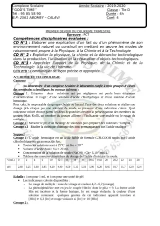 Première page de PCT Tle D — 1er devoir surveillé, 2e trimestre (2019-2020) · CPEG GOD'S TIME