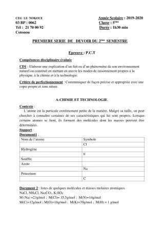 Première page de PCT 5e — 1er devoir surveillé, 2e semestre (2019-2020) · CEG LE NOKOUE