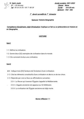Première page de Histoire-Géographie 5e — 1er devoir surveillé, 1er trimestre (2021-2022) · CPEG SAINT Justin
