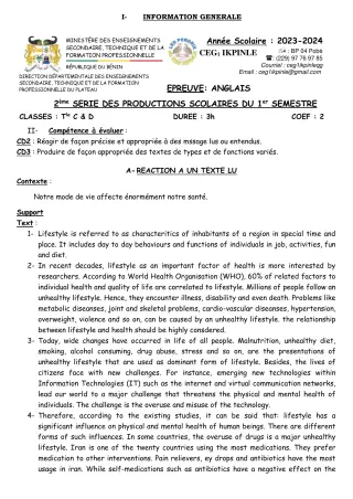 Première page de Anglais 2nde A, 2nde C, 1ère A, 1ère C, Tle A1, Tle A2, Tle C, Tle D — 2e production scolaire, 1er semestre (2023-2024) · CEG1 Ikpinlè