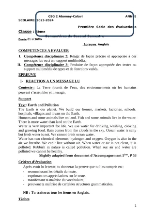 Première page de Anglais 5e — 1re évaluation sommative, 2e semestre (2023-2024) · CEG2 ABOMEY - CALAVI (CEG ZOCA)