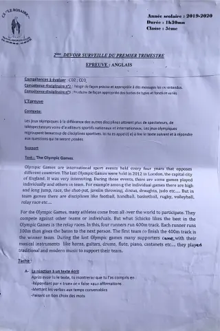 Première page de Anglais 5e — 2e devoir surveillé, 1er trimestre (2019-2020) · CPEG ROSAIRE