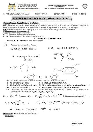 Première page de PCT 1ère D — Devoir surveillé, 2e trimestre (2021-2022) · CPEG AGBOZO MEGBEDJI