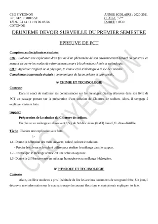 Première page de PCT 5e — 2e devoir surveillé, 1er semestre (2020-2021) · CEG FIYEGNON