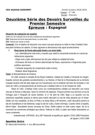 Première page de Espagnol 1ère A, 1ère B — 2e devoir surveillé, 1er semestre (2018-2019) · CEG Agassa Godomey
