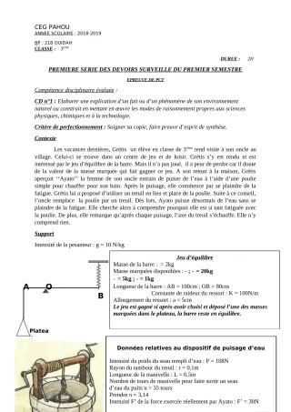 Première page de PCT 3e — 1er devoir surveillé, 1er semestre (2018-2019) · CEG PAHOU