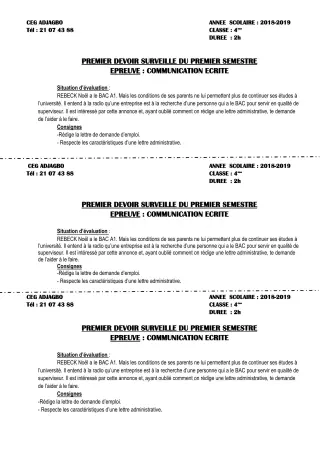 Première page de Français 4e, 4e ML — 1er devoir surveillé, 1er semestre (2018-2019) · CEG ADJAGBO