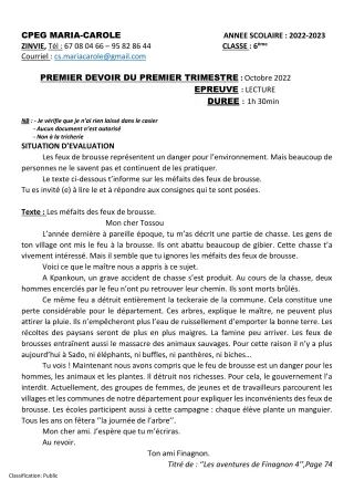 Première page de Français 6e — 1er devoir surveillé, 1er trimestre (2022-2023) · CPEG MARIA-CAROLE
