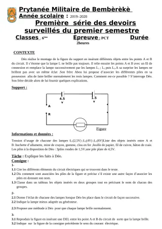 Première page de PCT 6e — 1er devoir surveillé, 1er semestre (2019-2020) · PMB