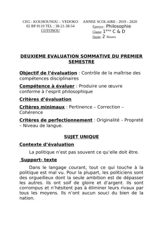 Première page de Philosophie 1ère C, 1ère D — 2e évaluation sommative, 1er semestre (2019-2020) · CEG Kouhounou-Vêdoko
