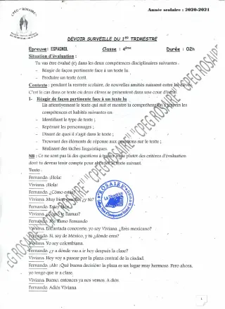 Première page de Espagnol 4e — 1er trimestre (2020-2021) · CPEG ROSAIRE