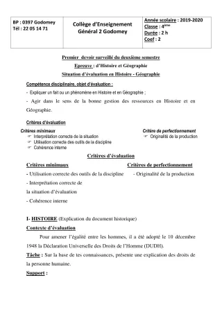 Première page de Histoire-Géographie 4e, 4e ML, 4e ML&MC — 1er devoir surveillé, 2e semestre (2019-2020) · CEG2 Godomey