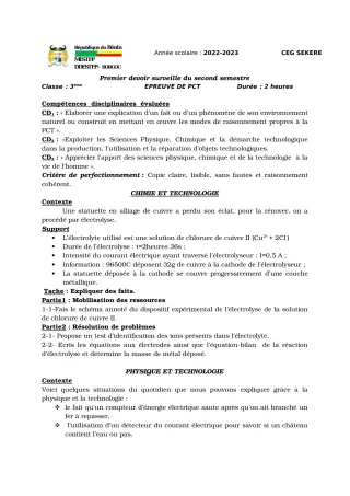 Première page de PCT 3e — 1er devoir surveillé, 2e semestre (2022-2023) · CEG SEKERE