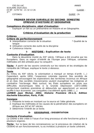Première page de Histoire-Géographie 3e — 1er devoir surveillé, 2e semestre (2020-2021) · CEG du Lac