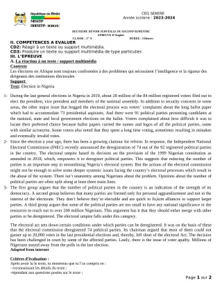 Première page de Anglais 1ère A2 — 2e devoir surveillé, 2e semestre (2023-2024) · CEG SEKERE