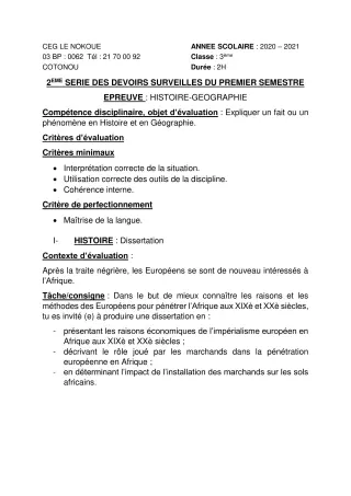 Première page de Histoire-Géographie 3e, 3e ML — 2e devoir surveillé, 1er semestre (2020-2021) · CEG LE NOKOUE