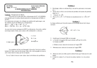 Première page de Mathématiques 3e, 3e ML — 1er devoir surveillé, 2e semestre (2020-2021) · CEG SEKERE
