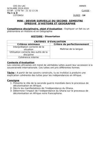 Première page de Histoire-Géographie Tle C — Devoir surveillé, 2e semestre (2019-2020) · CEG du Lac
