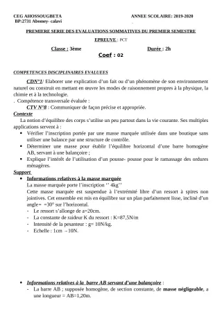 Première page de PCT 3e — 1re évaluation sommative, 1er semestre (2019-2020) · CEG Ahossougbéta