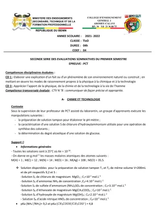 Première page de PCT Tle D — 2e évaluation sommative, 1er semestre (2021-2022) · CEG1 Abomey-Calavi