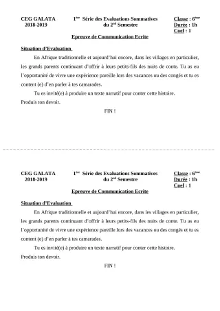 Première page de Français 6e, 5e, 4e, 4e ML, 3e, 3e ML — 1re évaluation sommative, 2e semestre (2018-2019) · CEG Galata