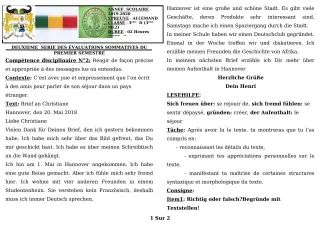 Première page de Allemand 3e ML — 2e évaluation sommative, 1er semestre (2019-2020) · CEG GBESSOU
