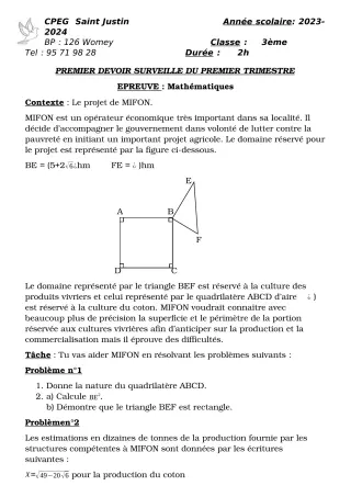 Première page de Mathématiques 3e — 1er devoir surveillé, 1er trimestre (2023-2024) · CPEG SAINT Justin